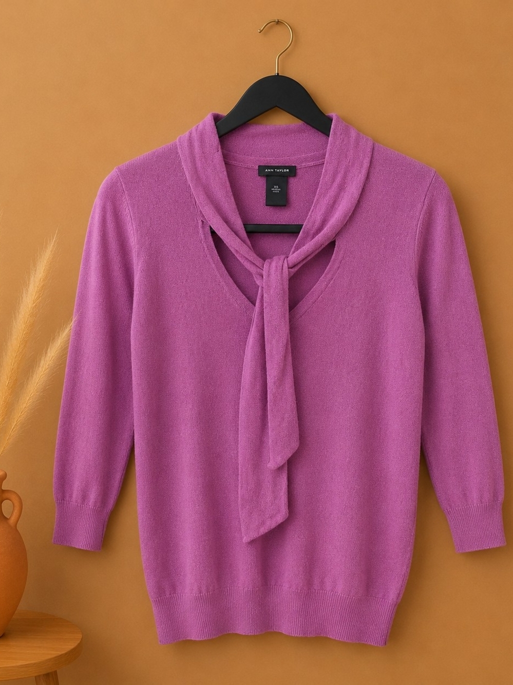 Ann Taylor Lilac Tie-Neck V-Neck Sweater